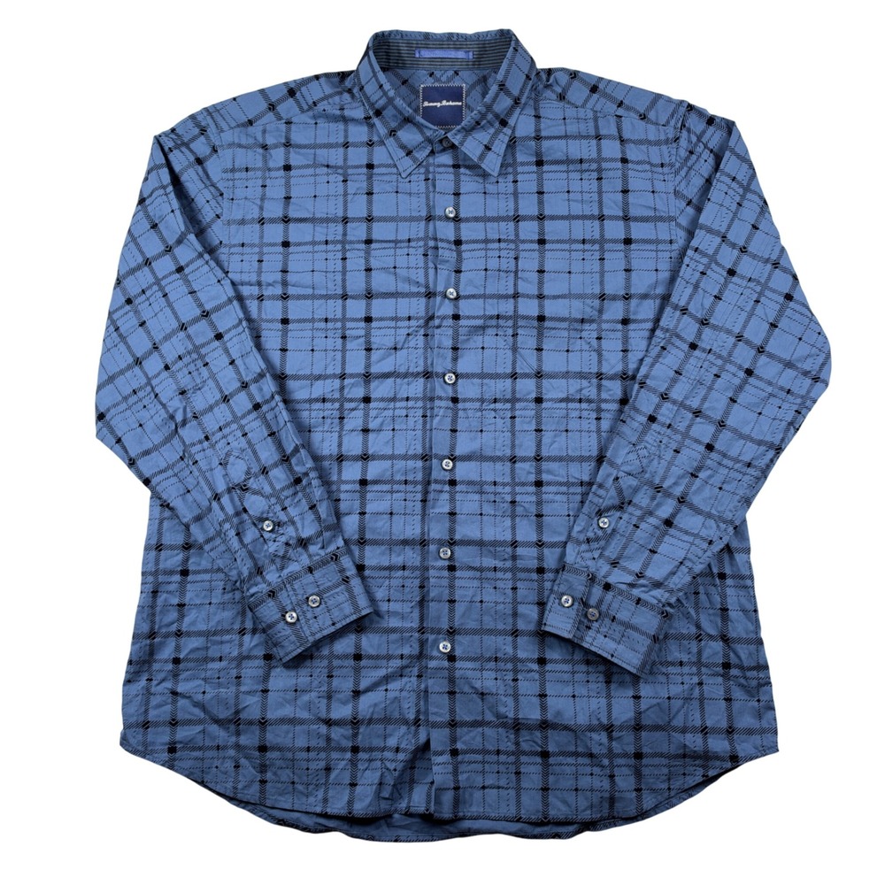 Tommy Bahama Button Down Shirt Mens XL Blue Plaid Cotton Lyocell Long Sleeve